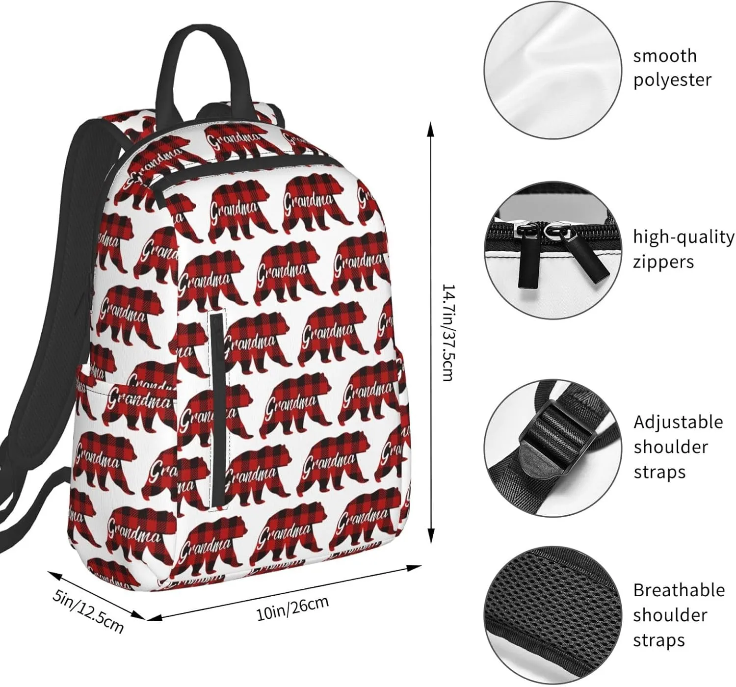 Grandma Bear Red Black Plaid Casual Backpacks Large Capacity Laptop Backpack Sports Rucksack Travel Daypack Adjustable Shoulder Strap Work Bag for Outdoor Camping