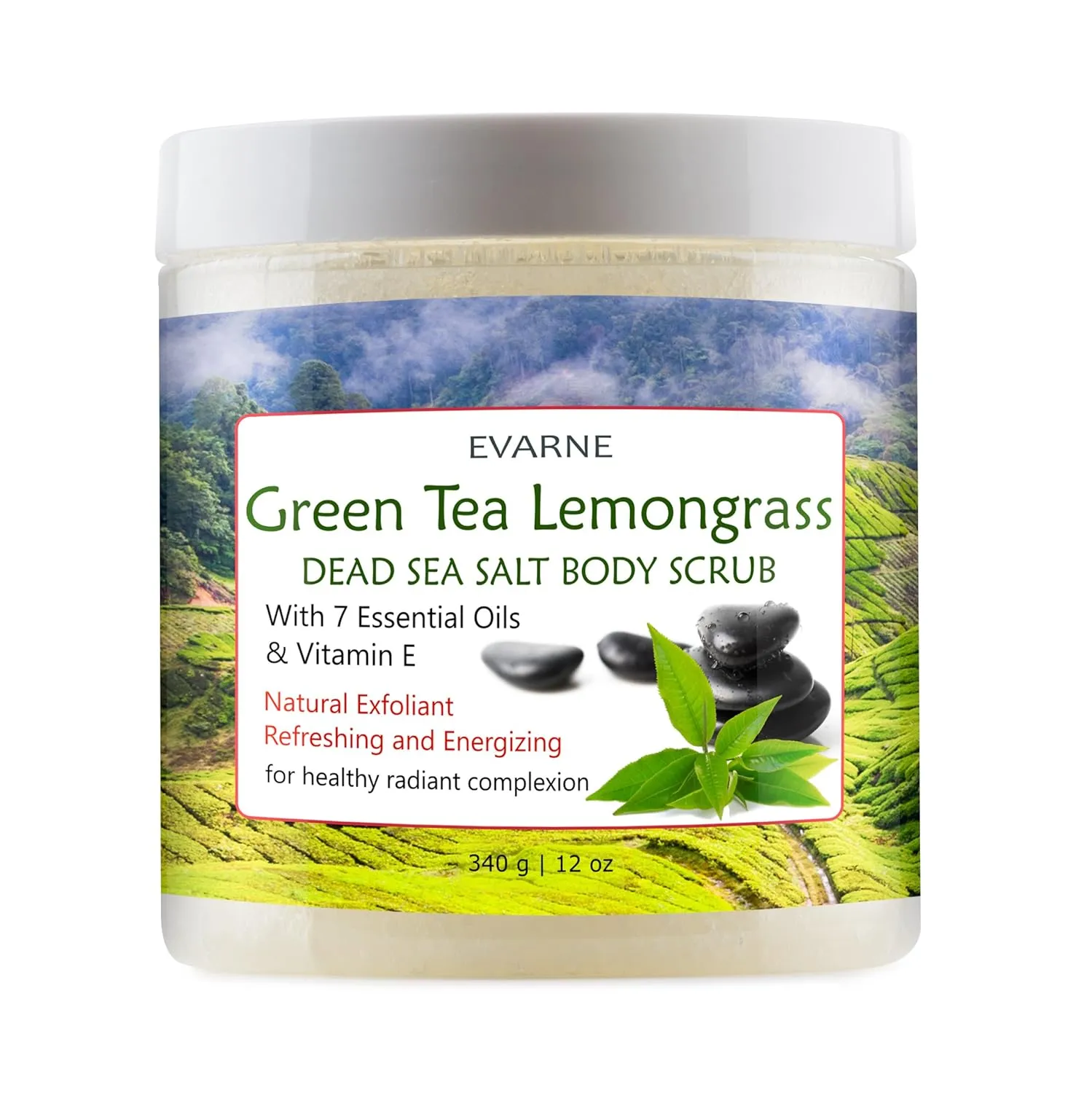 Green Tea Lemongrass Dead Sea Salt Body Scrub with 7 Essential Oils and Vitamin E