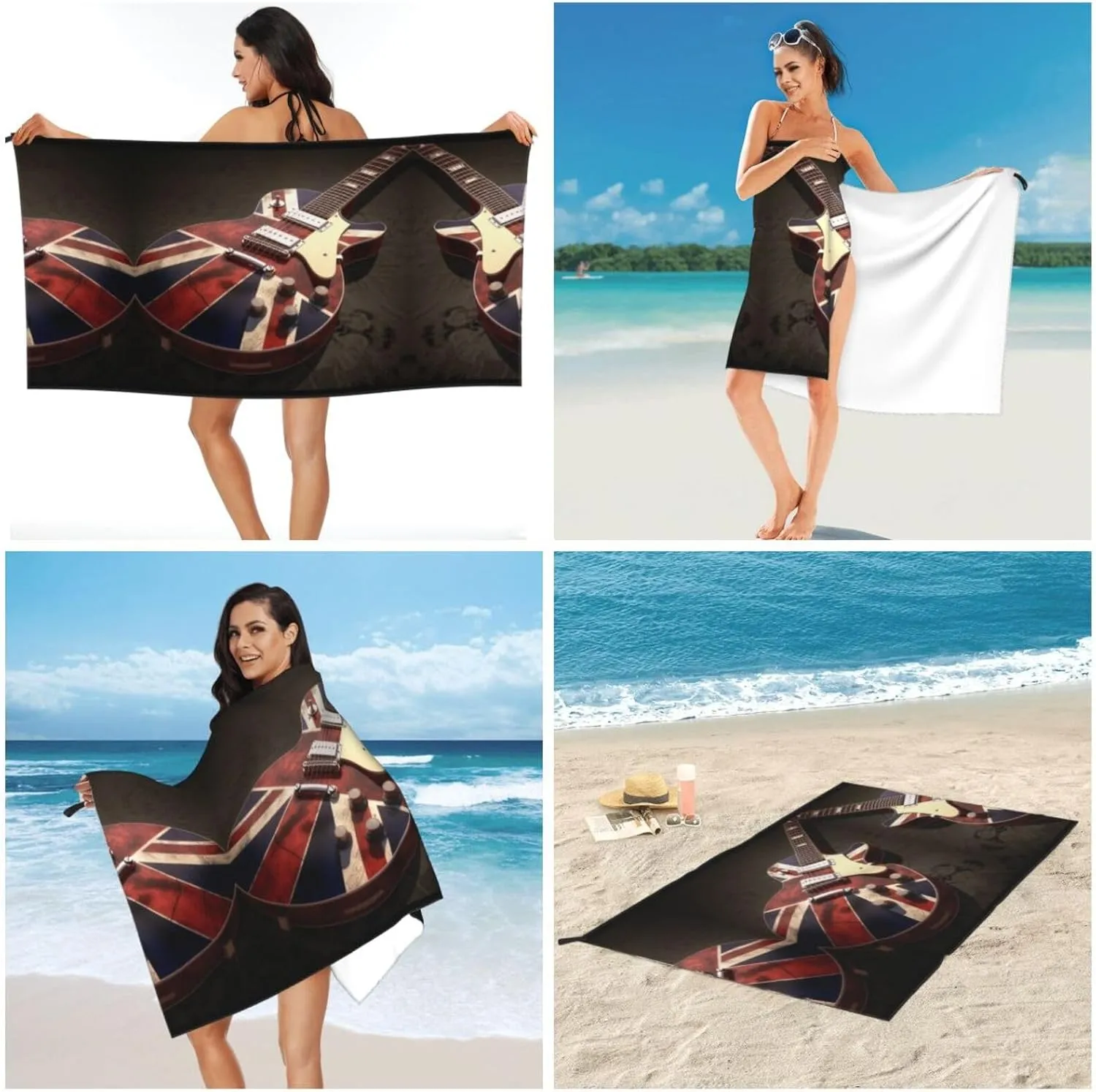 Guitar British Flag Premium Compact Microfiber Travel Towel-Featherlight & Quick Dry,Sand-Resistant Beach Towel for Swimming,Camping,Vacation Essentials with Carry Pouch
