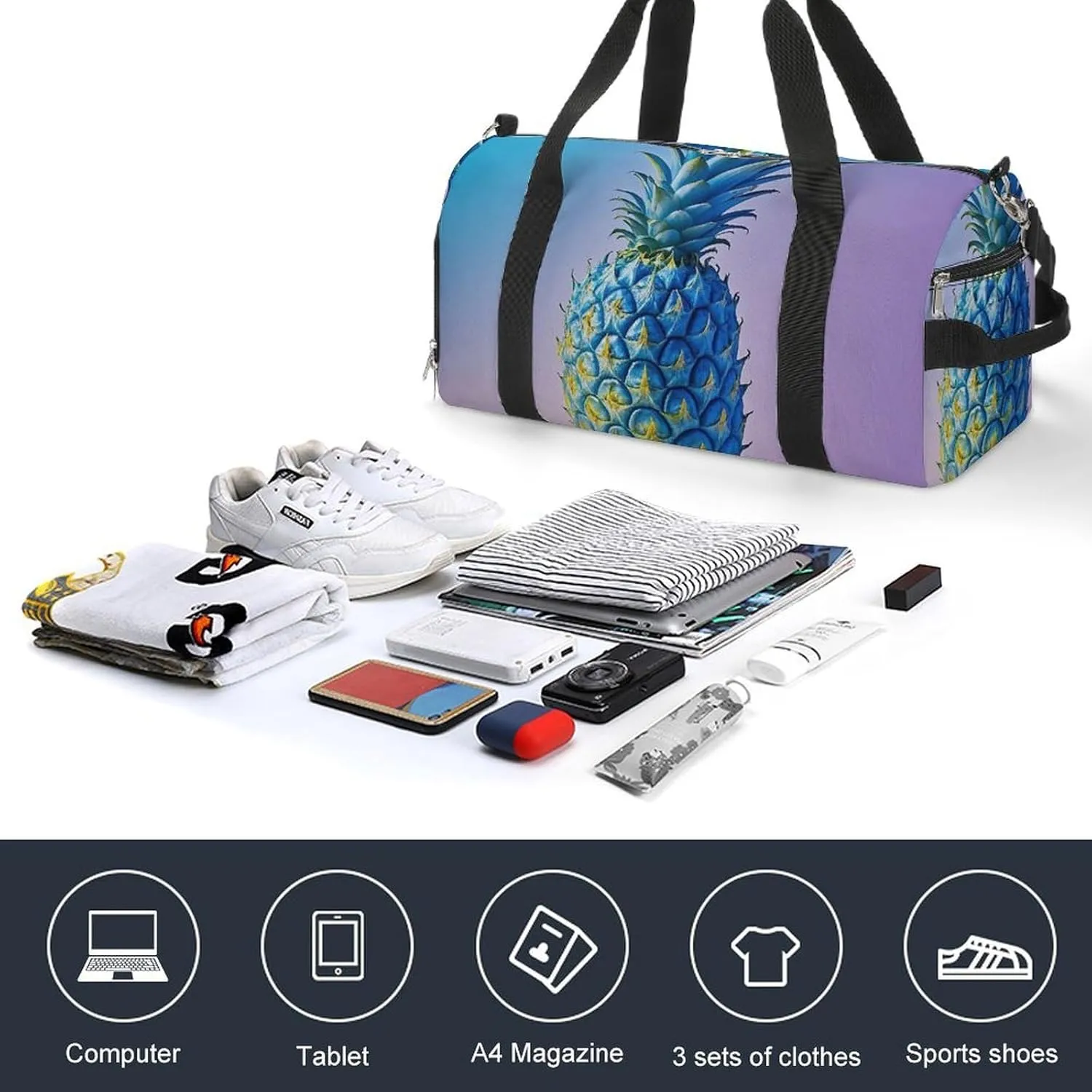 Gym Bag Blue Pineapple Duffel Bag for Men Women Travel Overnight Bag with Shoe Compartment Workout Bags