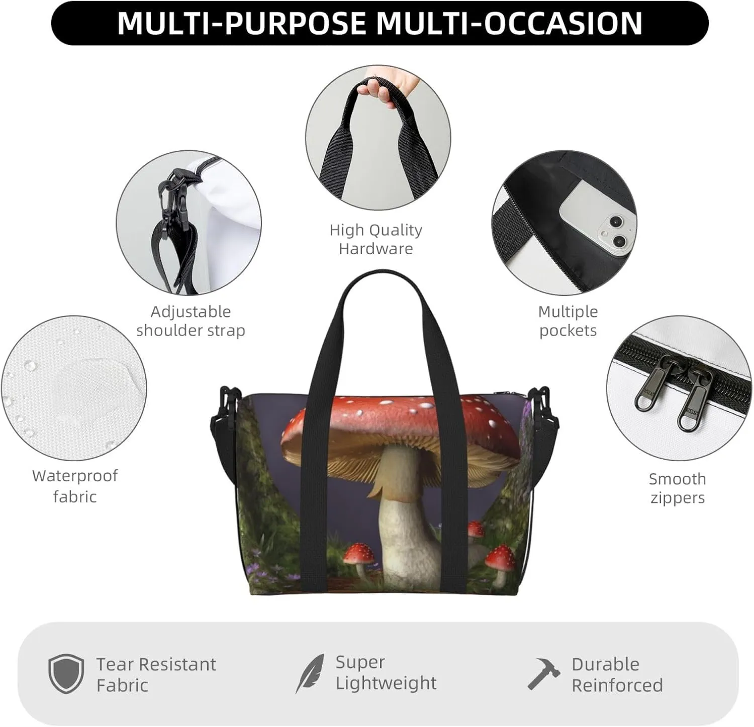 Gym Bag Mushroom Duffel Bag for Men Women Travel Overnight Bag with Shoe Compartment Workout Bags