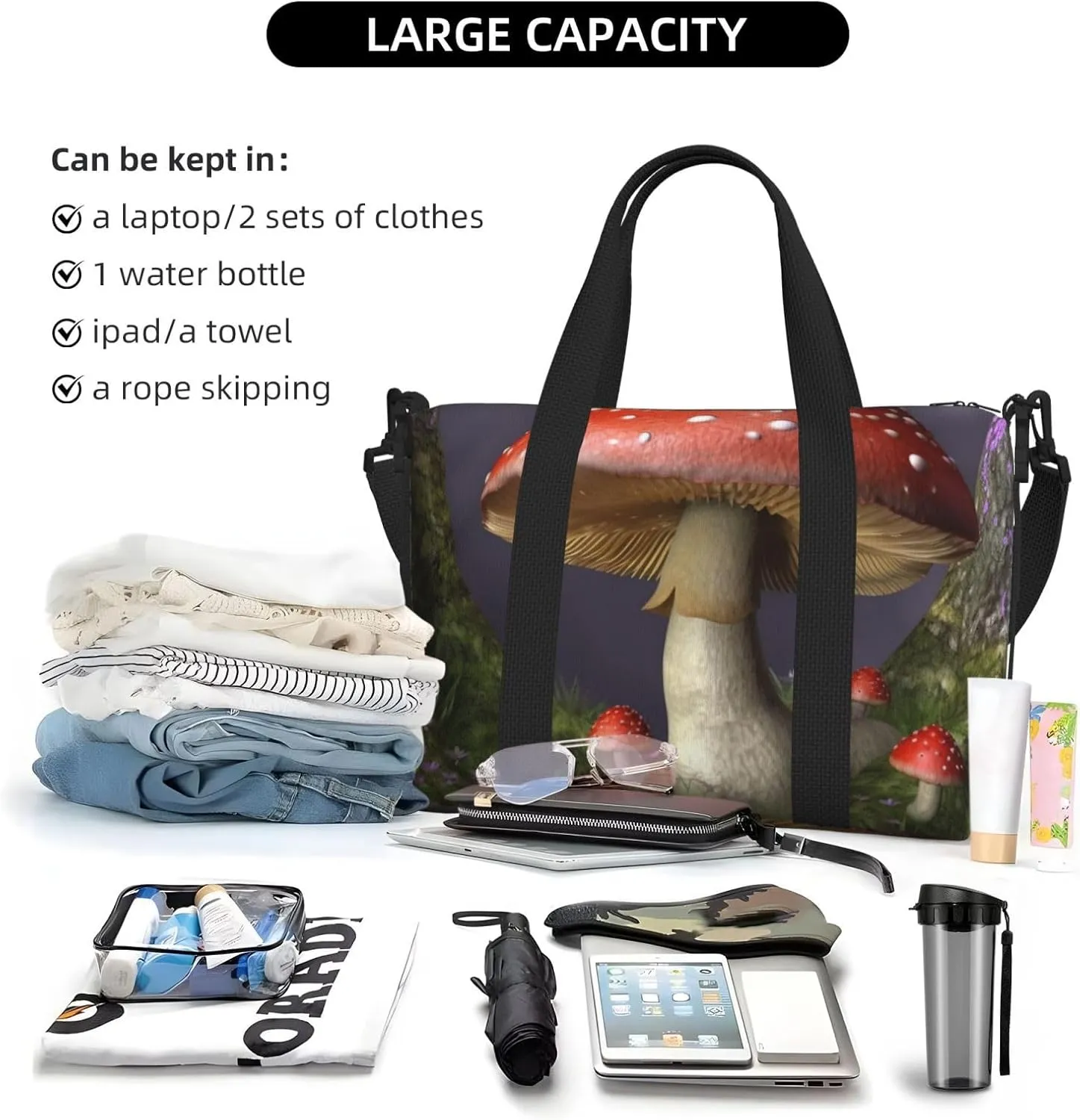 Gym Bag Mushroom Duffel Bag for Men Women Travel Overnight Bag with Shoe Compartment Workout Bags