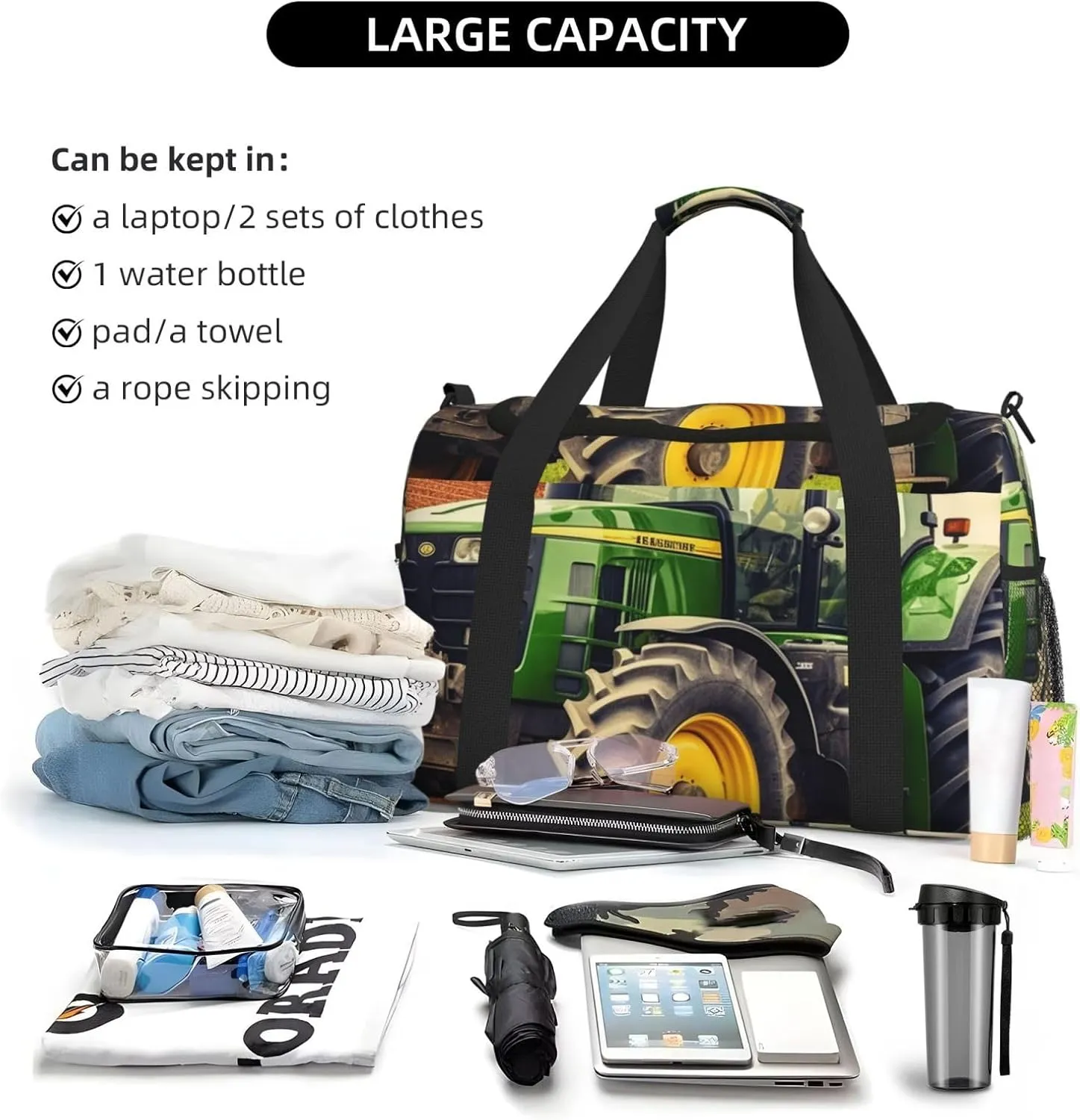 Gym Bag Tractor Theme Duffel Bag for Men Women Travel Overnight Bag with Shoe Compartment Workout Bags
