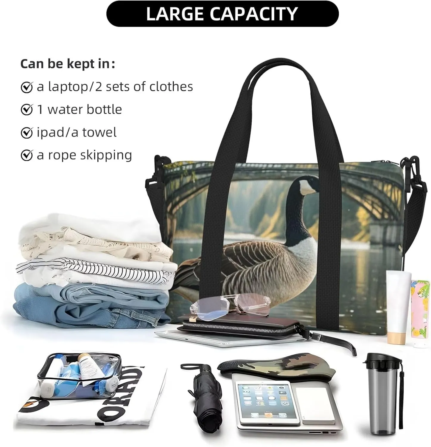 Gym Bag Wild Goose by the Bridge Duffel Bag for Men Women Travel Overnight Bag with Shoe Compartment Workout Bags