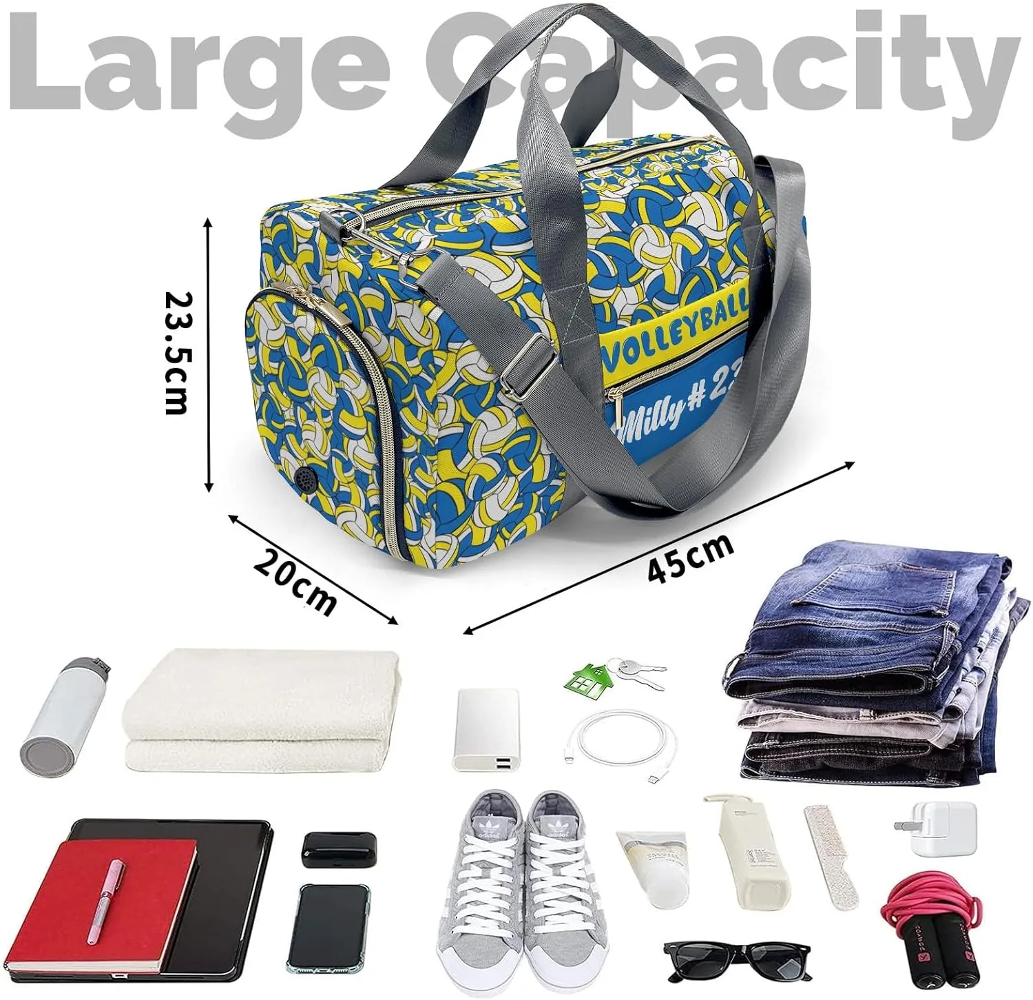 Gym Bags Custom Gold Blue Yellow Volleyball Pattern Duffel Bag with Name Adjustable Shoulder Strap Travel Bag for Teens