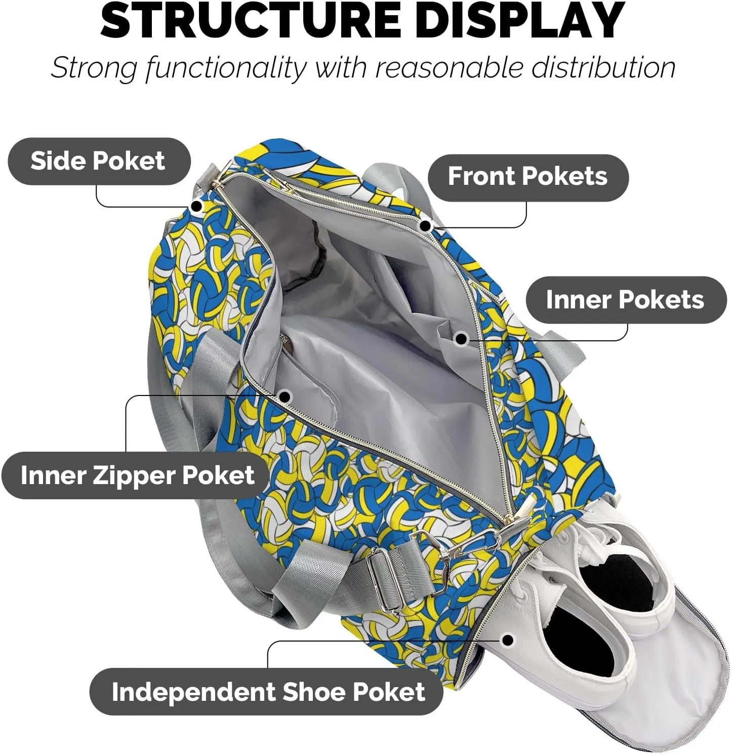 Gym Bags Custom Gold Blue Yellow Volleyball Pattern Duffel Bag with Name Adjustable Shoulder Strap Travel Bag for Teens
