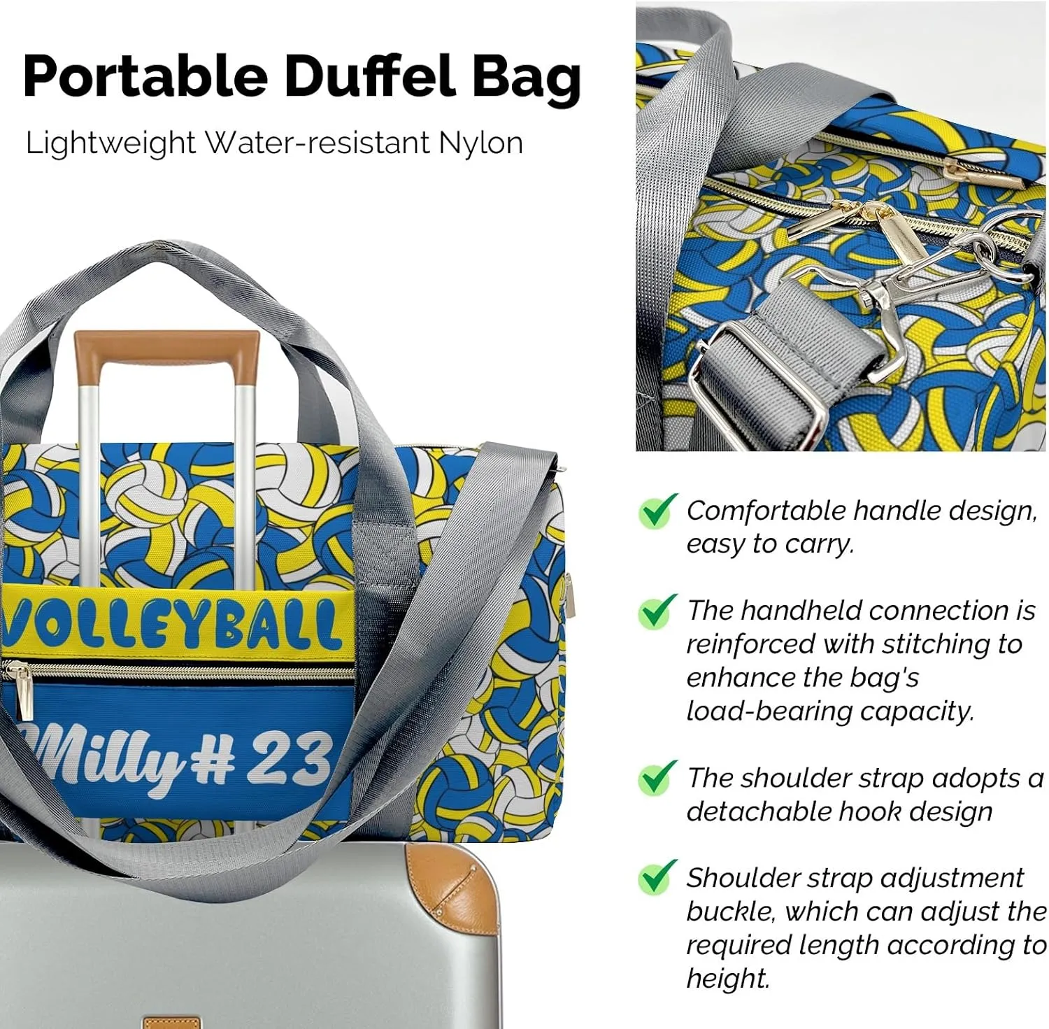 Gym Bags Custom Gold Blue Yellow Volleyball Pattern Duffel Bag with Name Adjustable Shoulder Strap Travel Bag for Teens