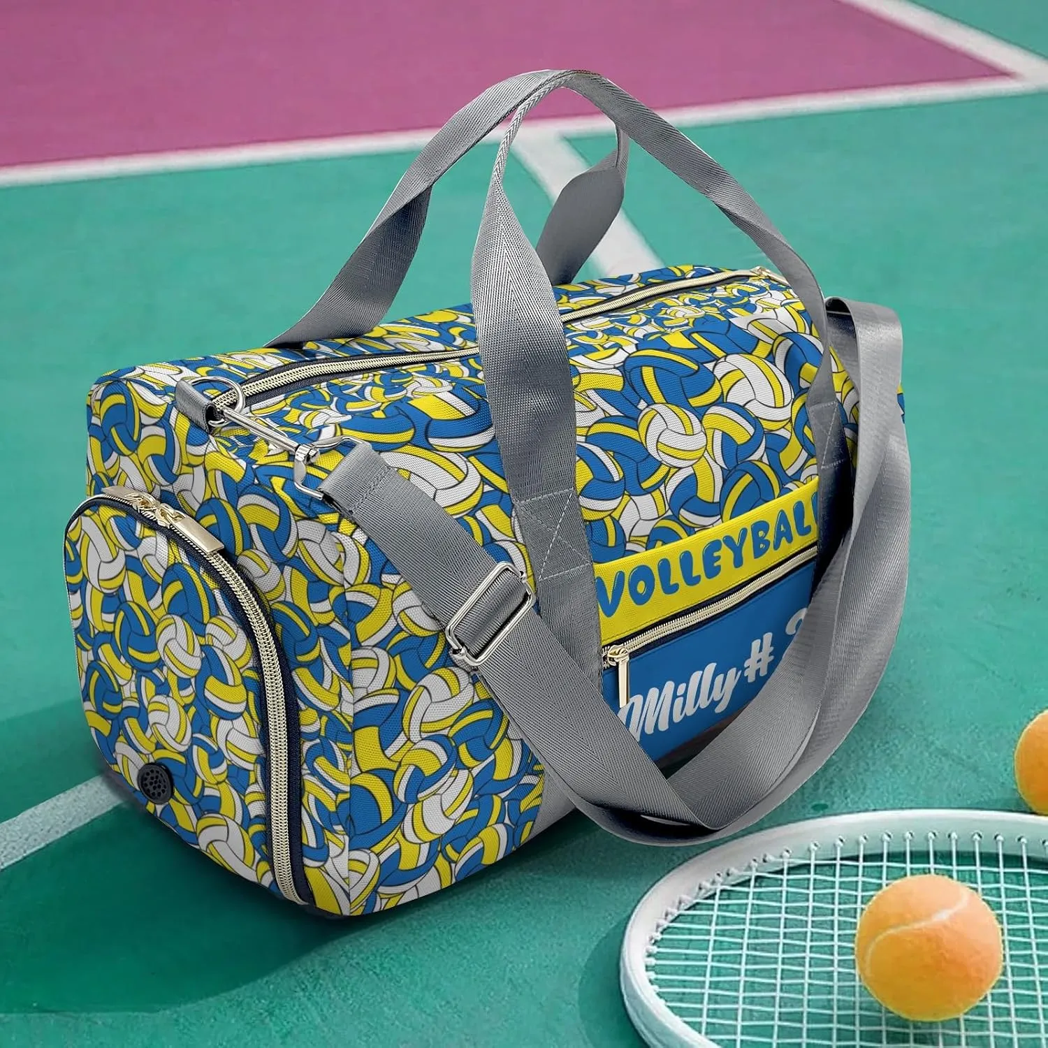 Gym Bags Custom Gold Blue Yellow Volleyball Pattern Duffel Bag with Name Adjustable Shoulder Strap Travel Bag for Teens