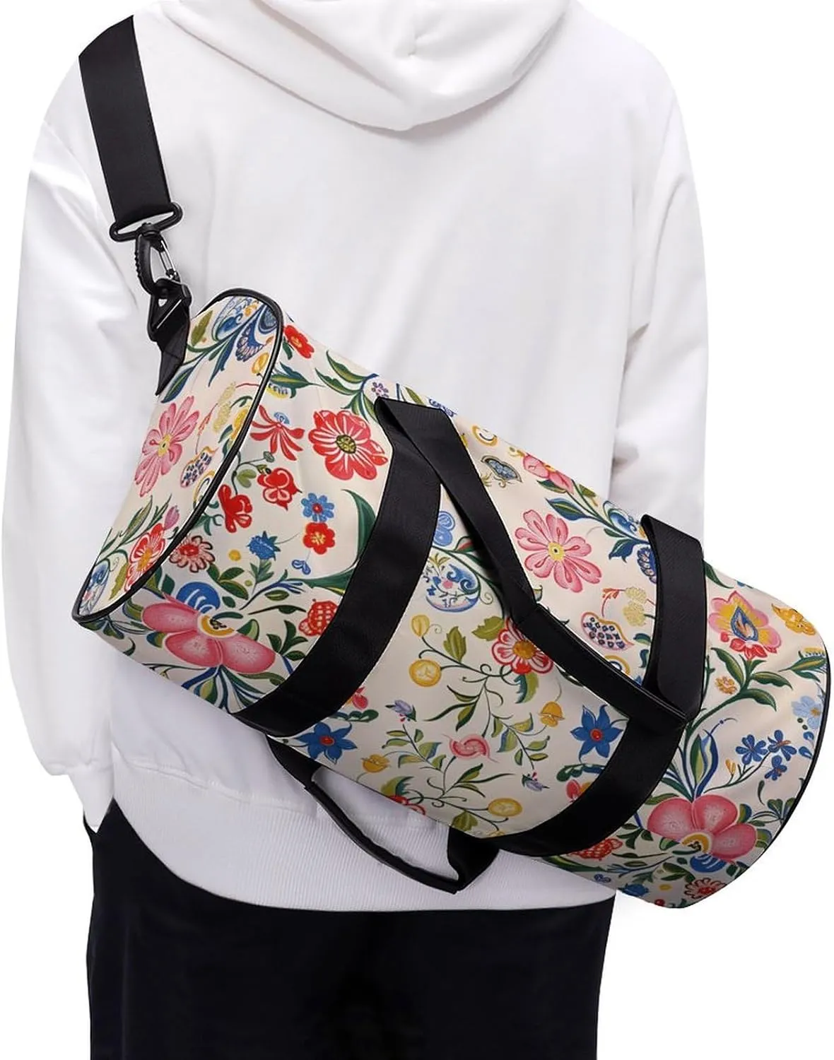 Gym Bags for Men Women Bright White Flowers Duffle Bag Travel Overnight Bag with Shoe Compartment Tote Bags