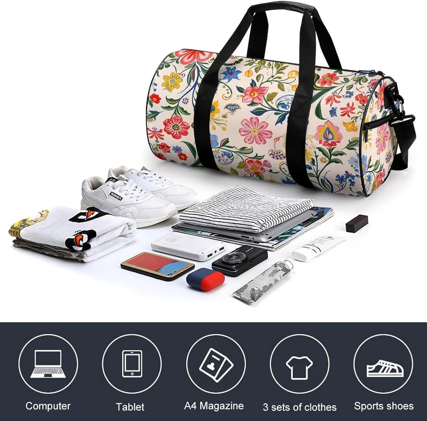 Gym Bags for Men Women Bright White Flowers Duffle Bag Travel Overnight Bag with Shoe Compartment Tote Bags