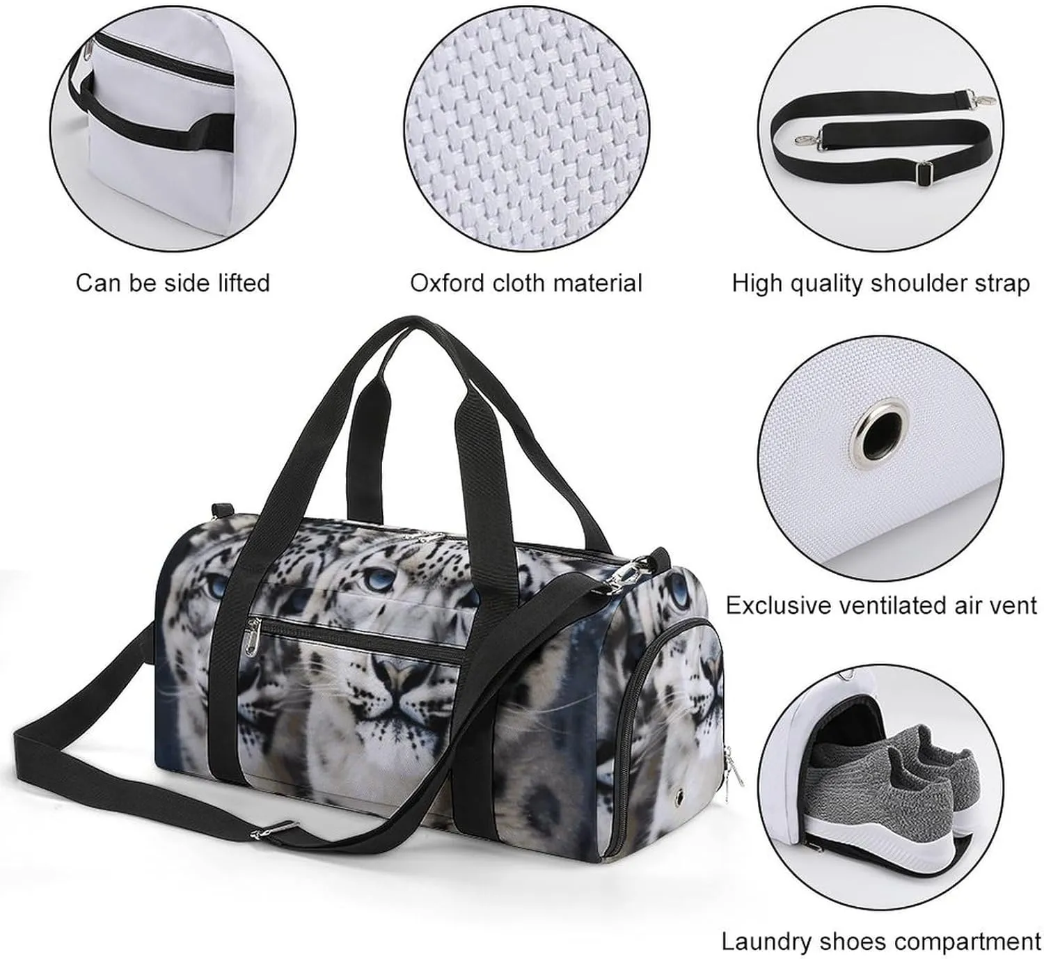 Gym Bags Small Blue Eyed Snow Leopard Duffel Bag Overnight Bag with Shoe Compartment Carryon Bag for Men Women