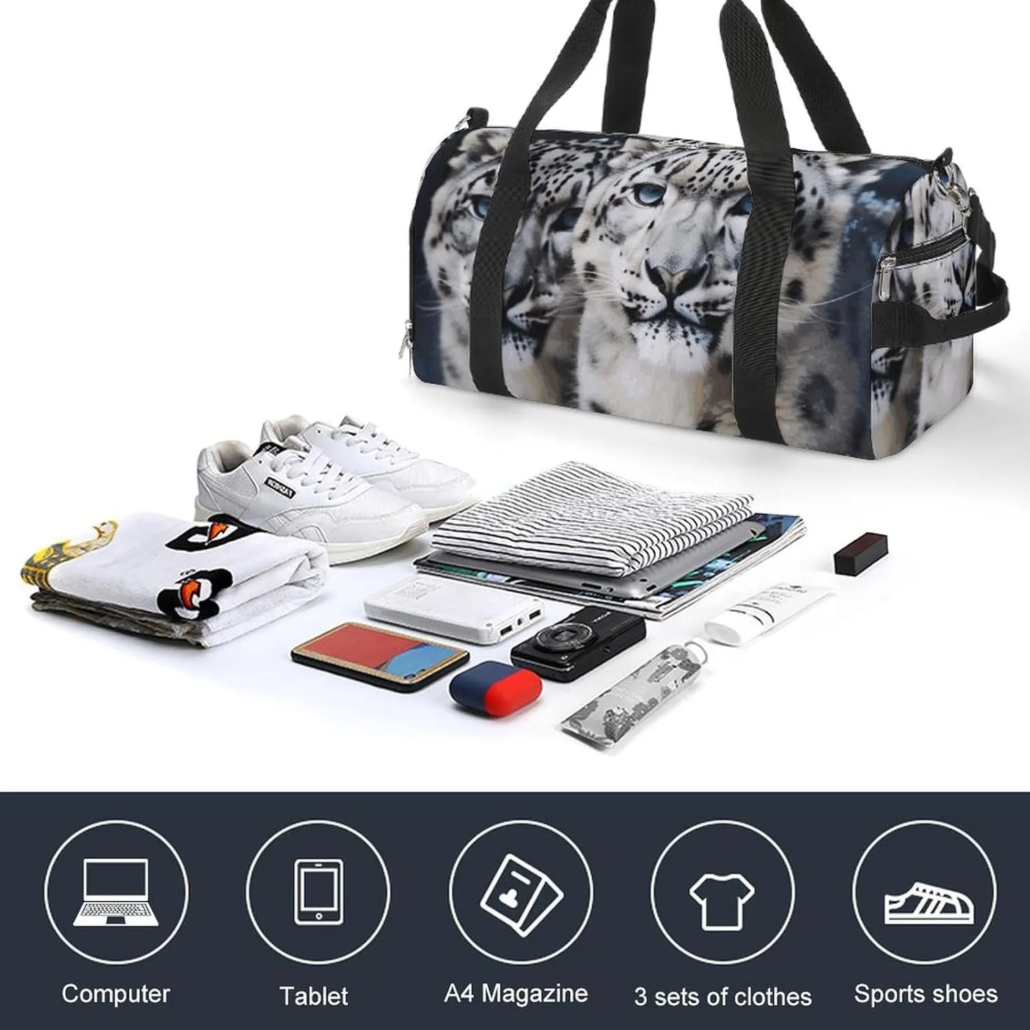 Gym Bags Small Blue Eyed Snow Leopard Duffel Bag Overnight Bag with Shoe Compartment Carryon Bag for Men Women