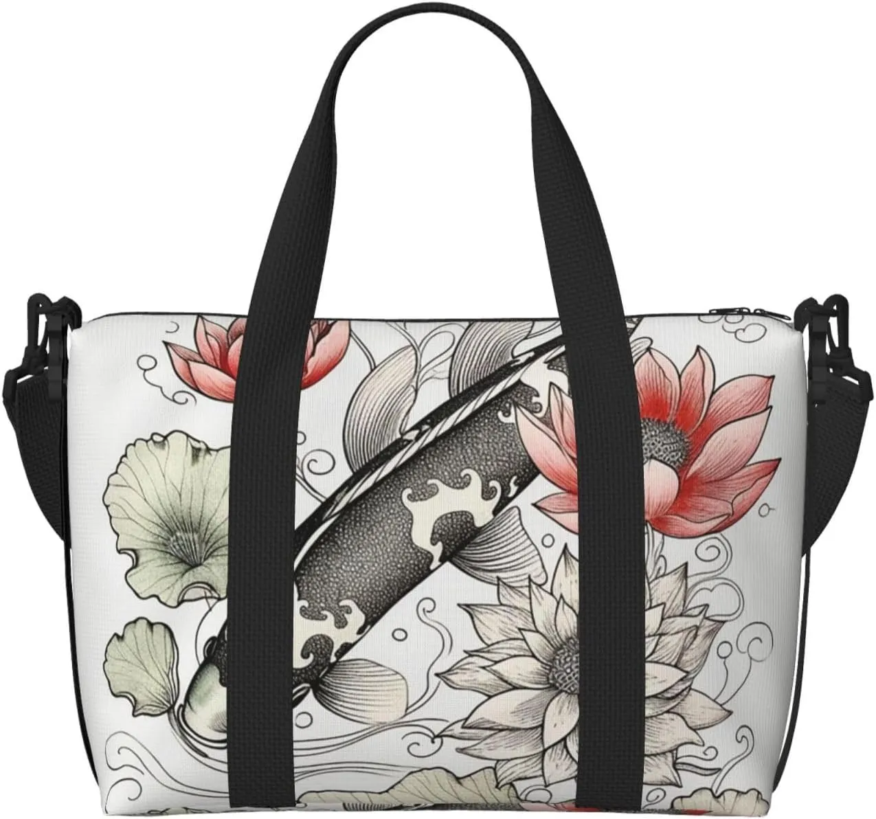 Gym Bags Small Fish Lotus Leaves Flower Duffel Bag Overnight Bag with Shoe Compartment Carryon Bag for Men Women