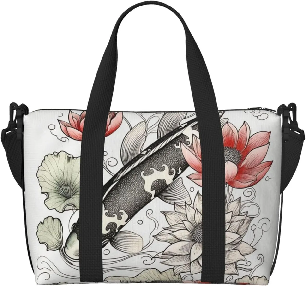 Gym Bags Small Fish Lotus Leaves Flower Duffel Bag Overnight Bag with Shoe Compartment Carryon Bag for Men Women