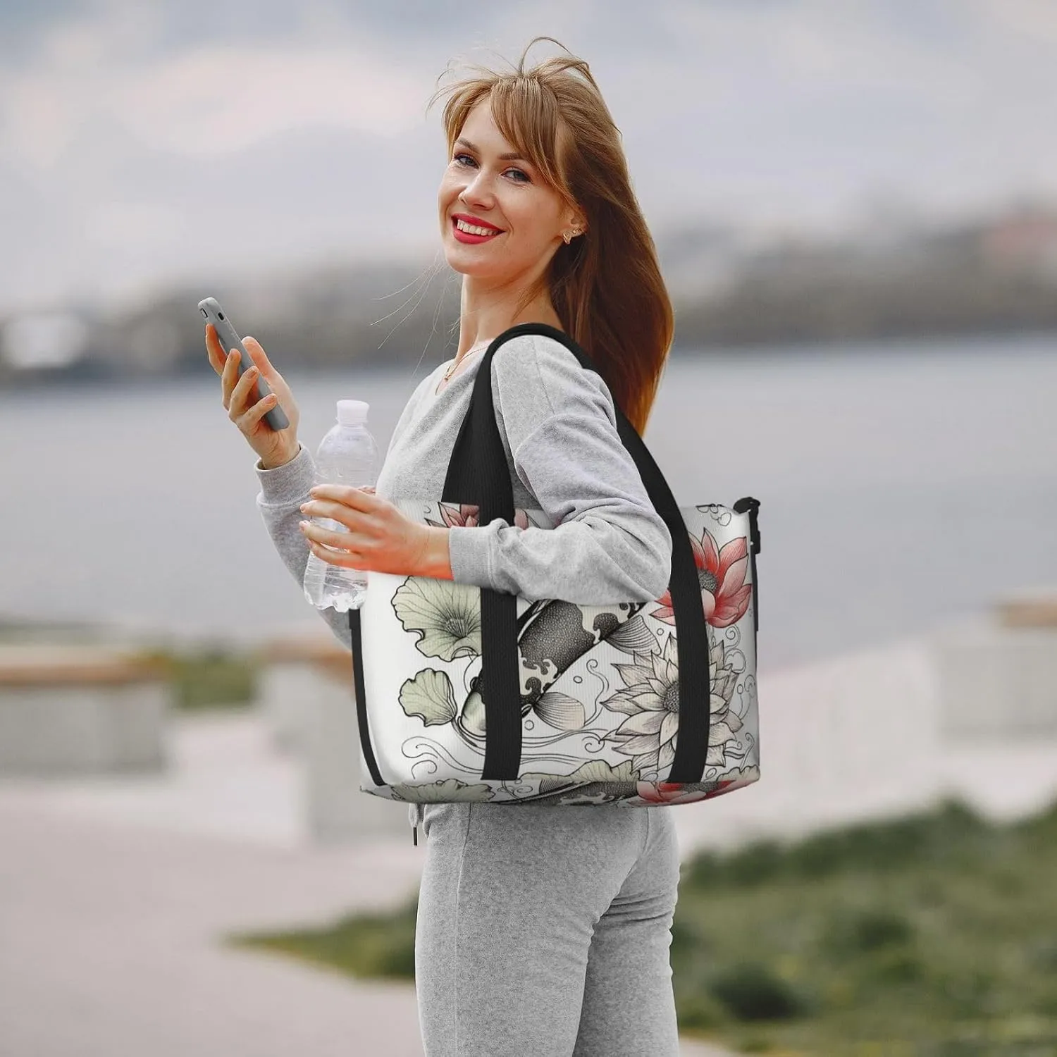 Gym Bags Small Fish Lotus Leaves Flower Duffel Bag Overnight Bag with Shoe Compartment Carryon Bag for Men Women