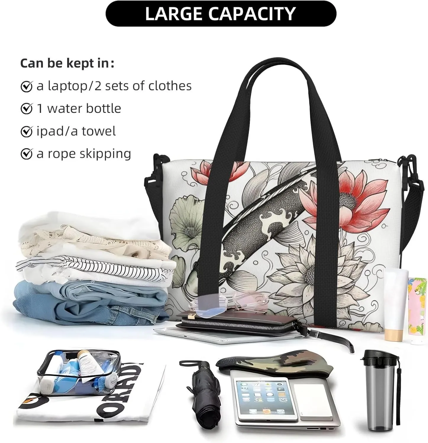 Gym Bags Small Fish Lotus Leaves Flower Duffel Bag Overnight Bag with Shoe Compartment Carryon Bag for Men Women
