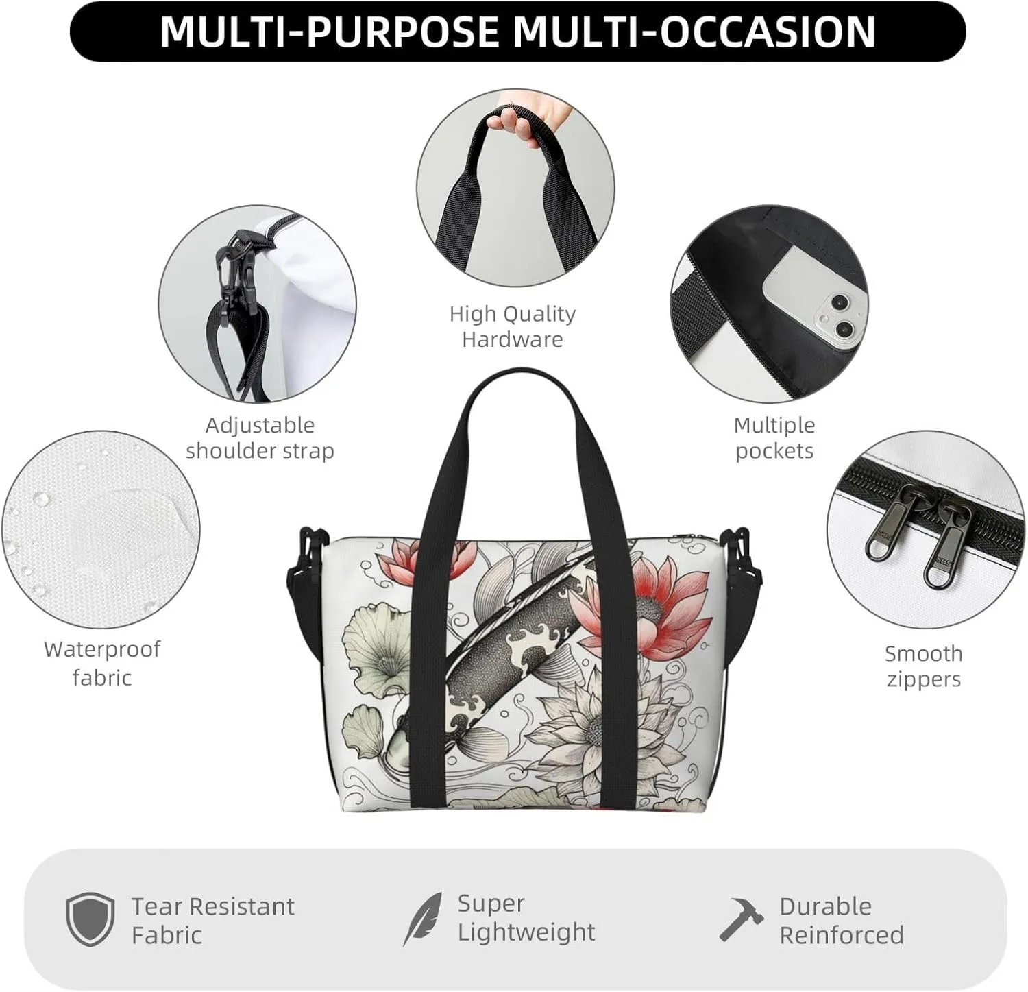 Gym Bags Small Fish Lotus Leaves Flower Duffel Bag Overnight Bag with Shoe Compartment Carryon Bag for Men Women