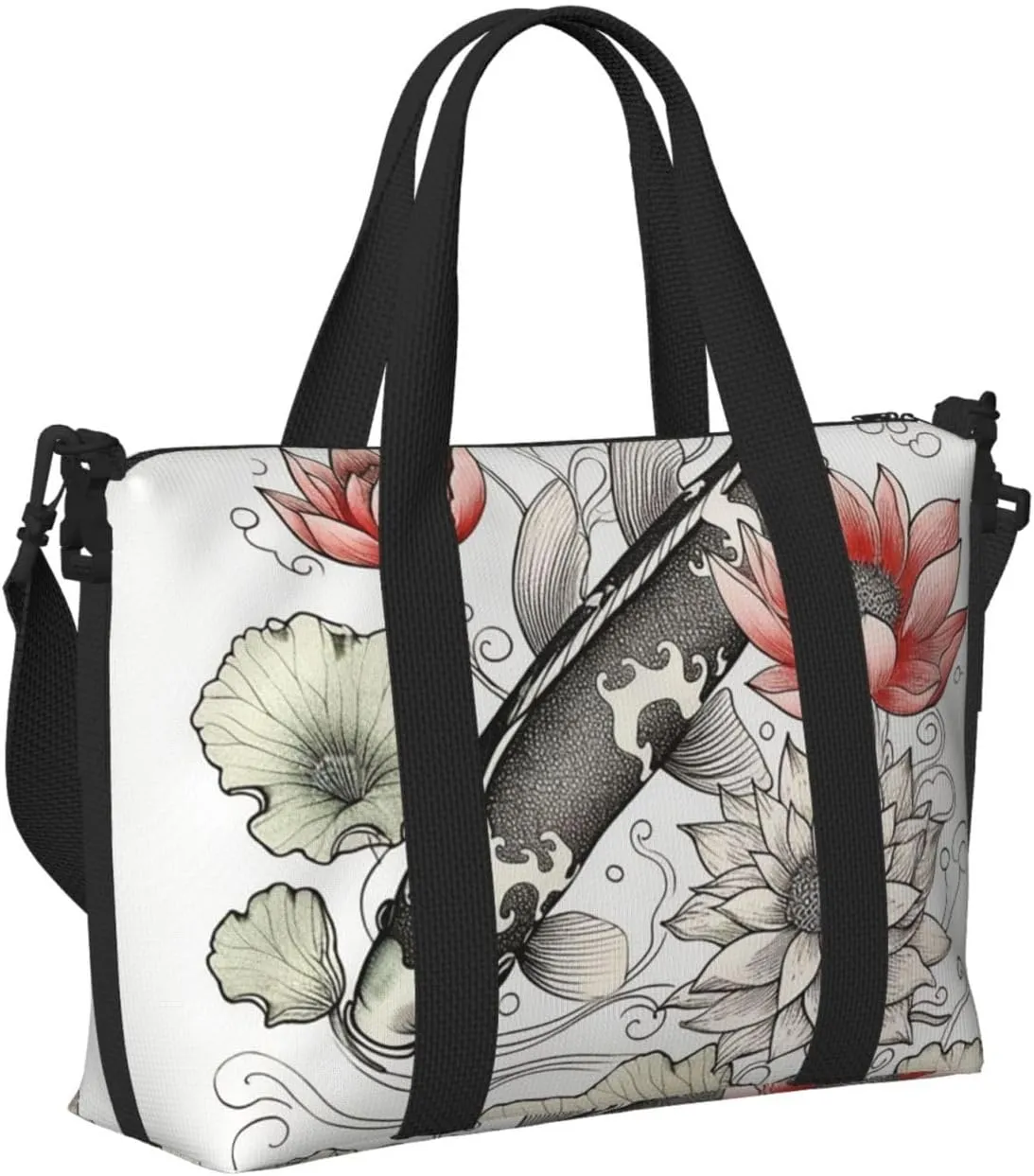 Gym Bags Small Fish Lotus Leaves Flower Duffel Bag Overnight Bag with Shoe Compartment Carryon Bag for Men Women