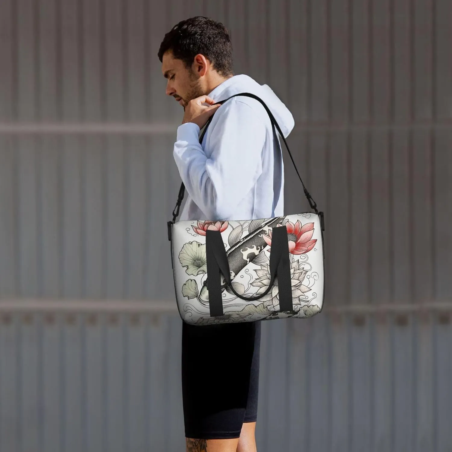 Gym Bags Small Fish Lotus Leaves Flower Duffel Bag Overnight Bag with Shoe Compartment Carryon Bag for Men Women