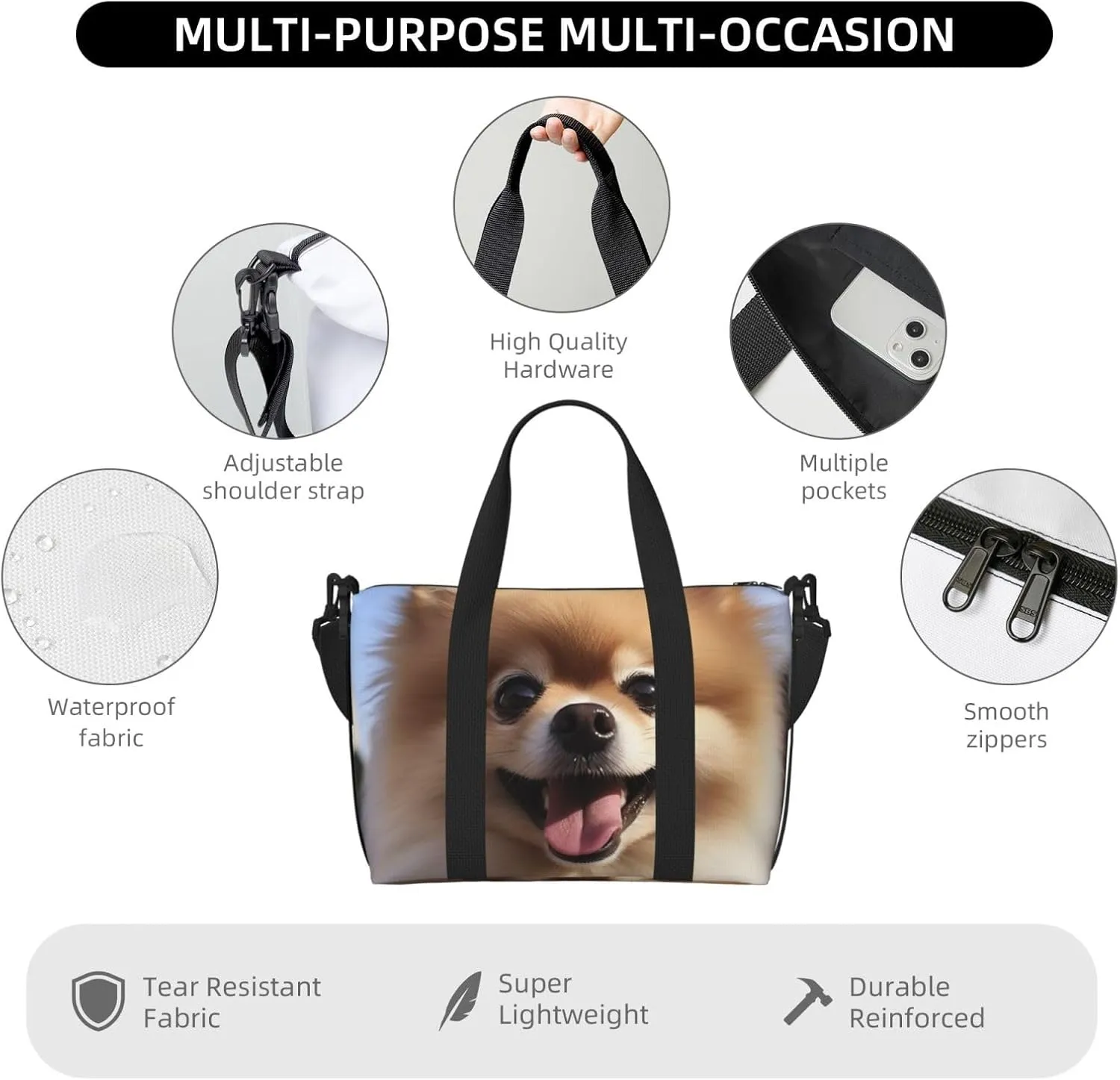Gym Bags Small Happy pomeranian Duffel Bag Overnight Bag with Shoe Compartment Carryon Bag for Men Women
