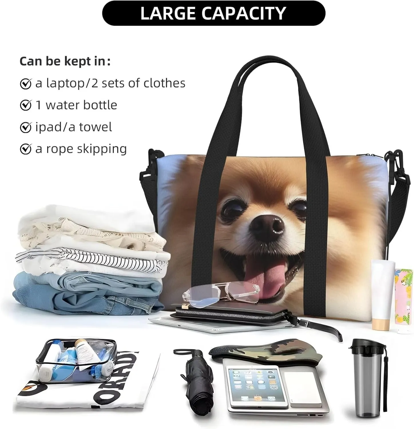 Gym Bags Small Happy pomeranian Duffel Bag Overnight Bag with Shoe Compartment Carryon Bag for Men Women