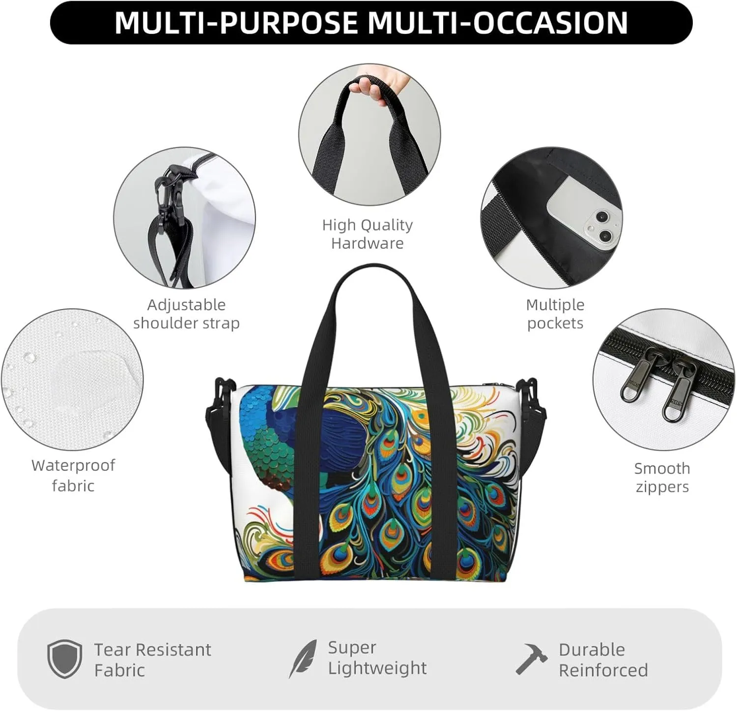 Gym Bags Small Peacock pattern Duffel Bag Overnight Bag with Shoe Compartment Carryon Bag for Men Women