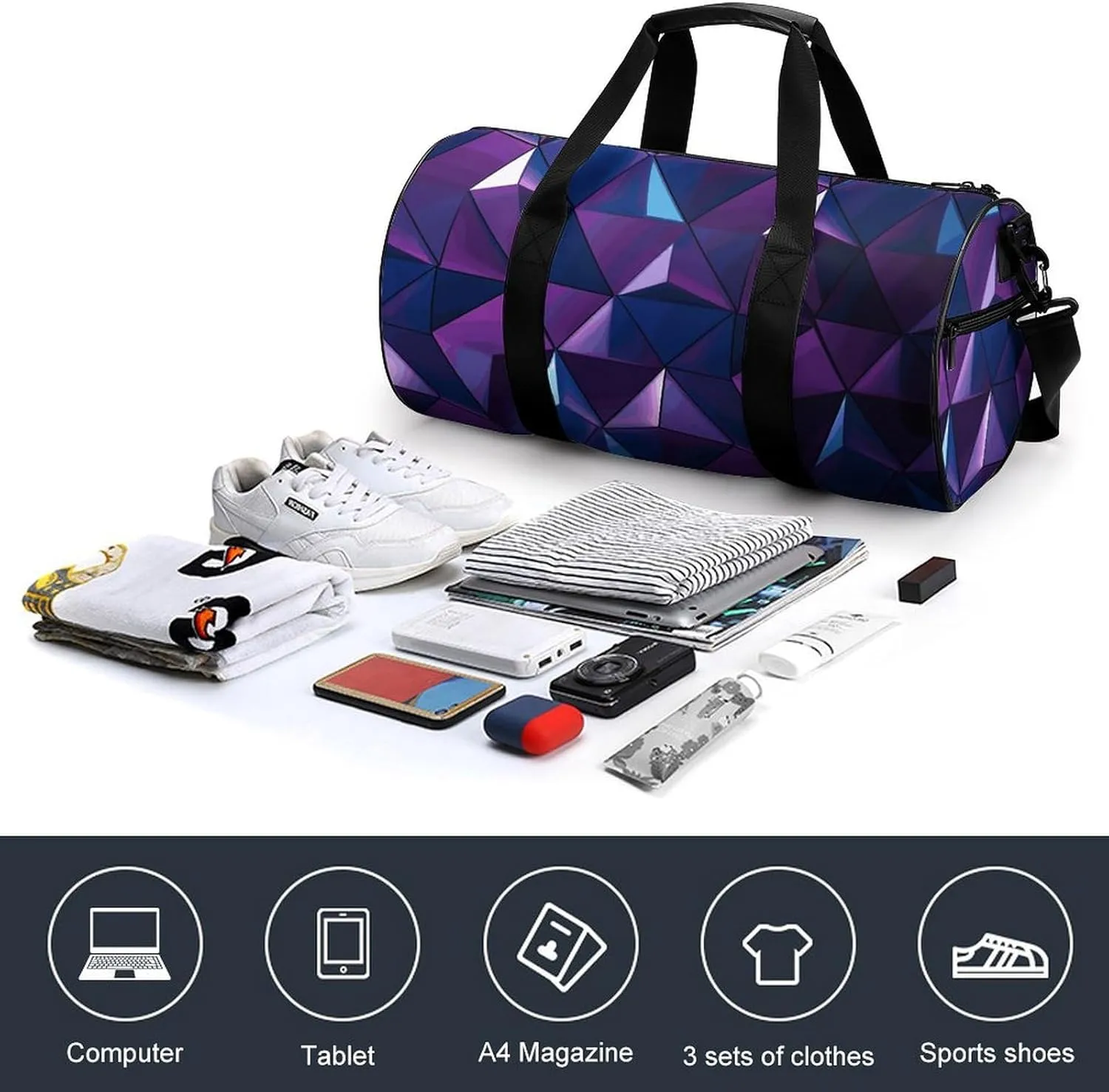 Gym Bags Small Purple Geometric Duffel Bag Overnight Bag with Shoe Compartment Carryon Bag for Men Women