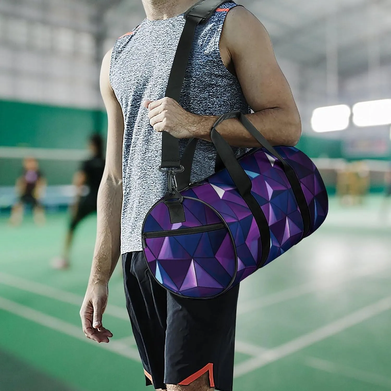 Gym Bags Small Purple Geometric Duffel Bag Overnight Bag with Shoe Compartment Carryon Bag for Men Women