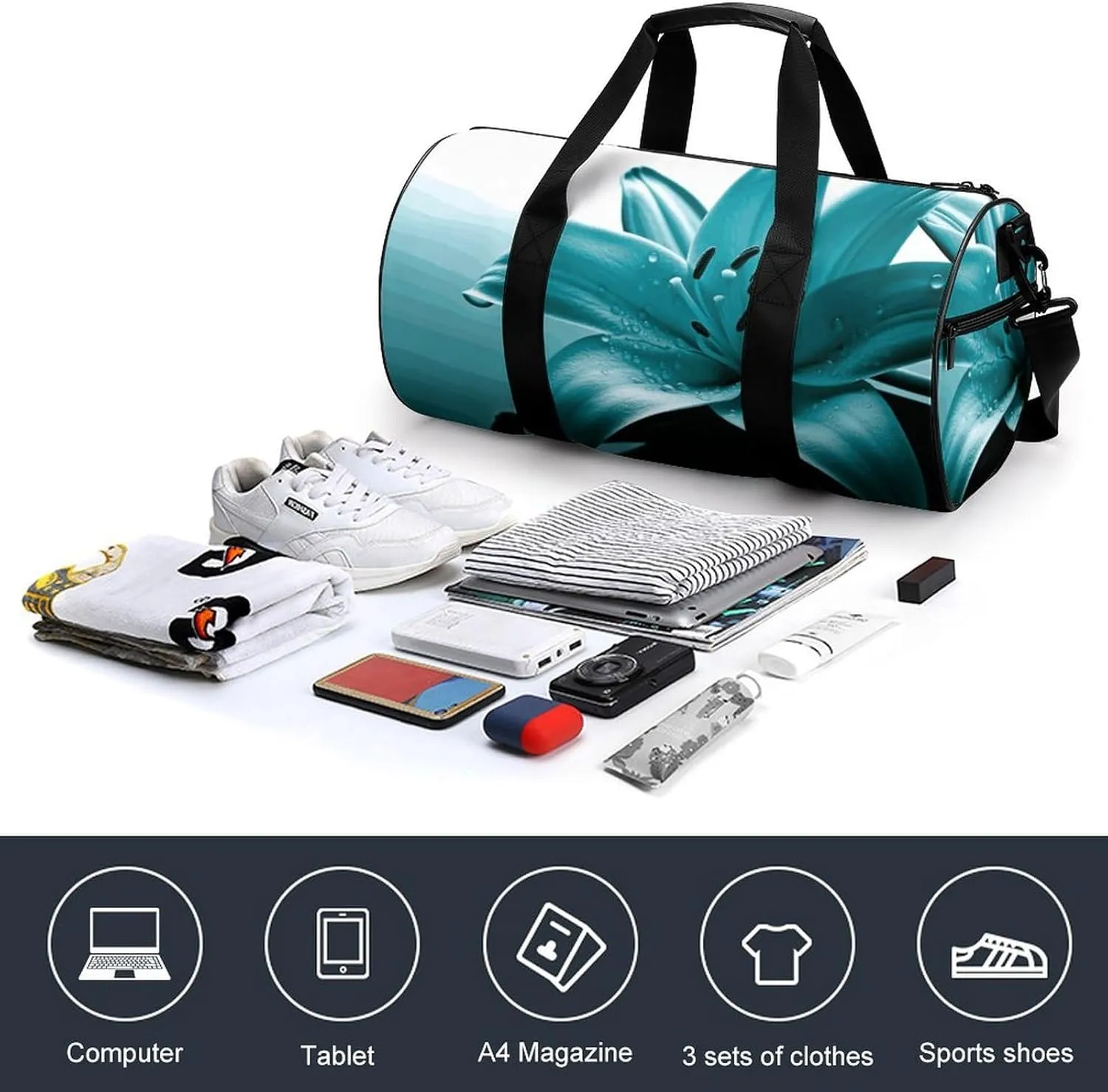 Gym Bags Small Teal Lily Duffel Bag Overnight Bag with Shoe Compartment Carryon Bag for Men Women