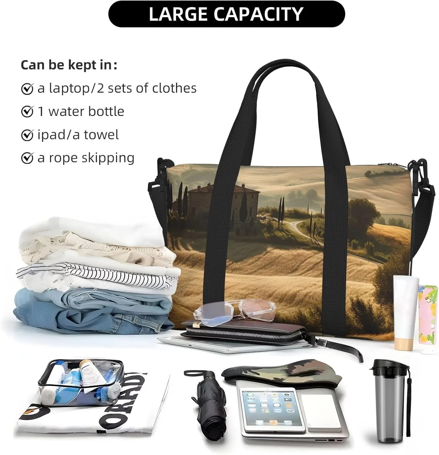 Gym Bags Small Tuscany Landscape Duffel Bag Overnight Bag with Shoe Compartment Carryon Bag for Men Women