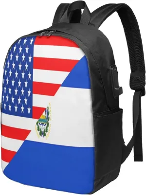 Half American El Salvador Flag Laptop Backpacks Travel Backpack Casual Business Daypack Sport Rucksack Computer Bag Fits up to 17 Inch Notebook with USB Port