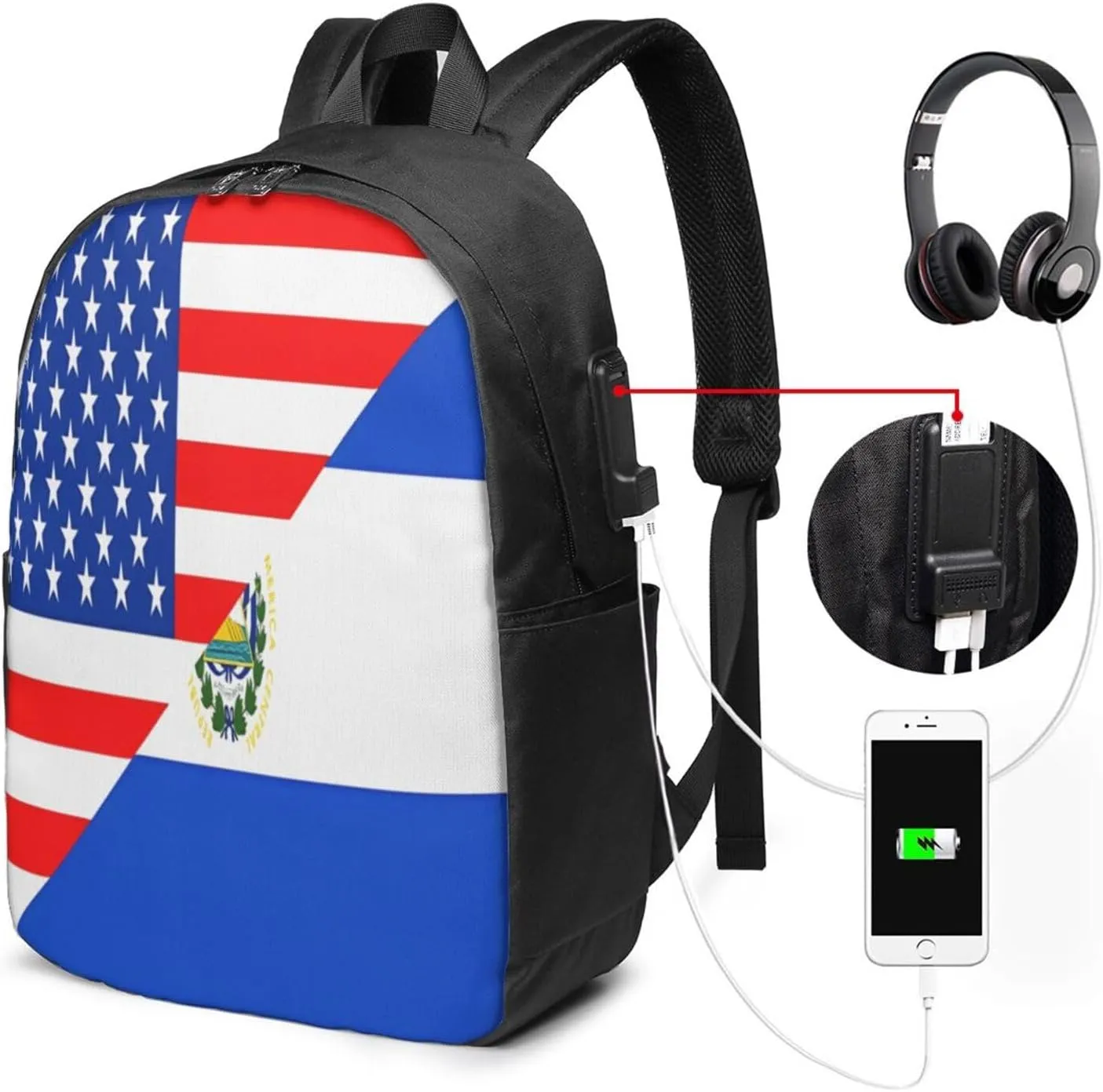 Half American El Salvador Flag Laptop Backpacks Travel Backpack Casual Business Daypack Sport Rucksack Computer Bag Fits up to 17 Inch Notebook with USB Port
