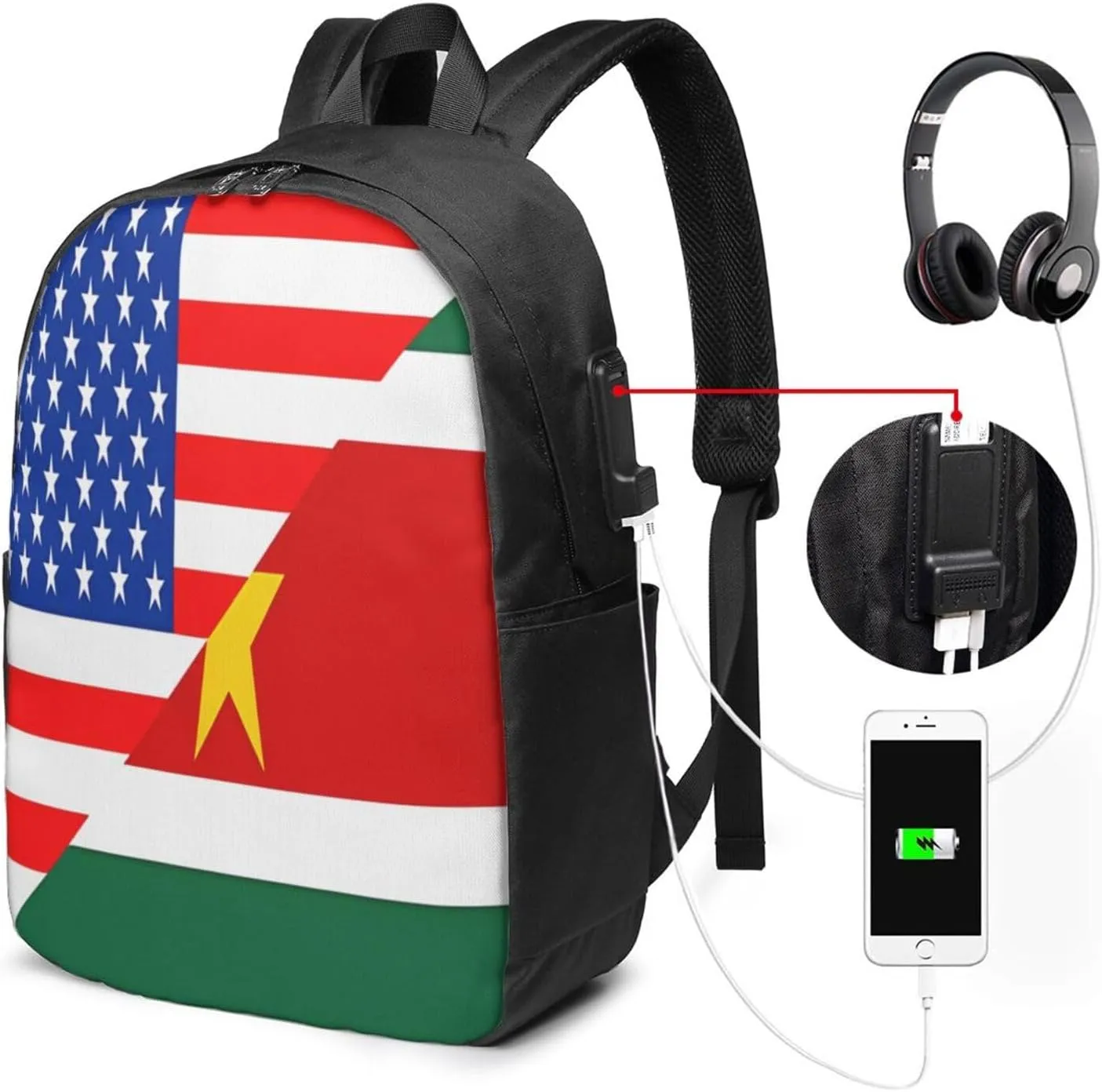 Half American Suriname Surinamese Flag Laptop Backpacks Travel Backpack Casual Business Daypack Sport Rucksack Computer Bag Fits up to 17 Inch Notebook with USB Port