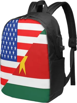 Half American Suriname Surinamese Flag Laptop Backpacks Travel Backpack Casual Business Daypack Sport Rucksack Computer Bag Fits up to 17 Inch Notebook with USB Port