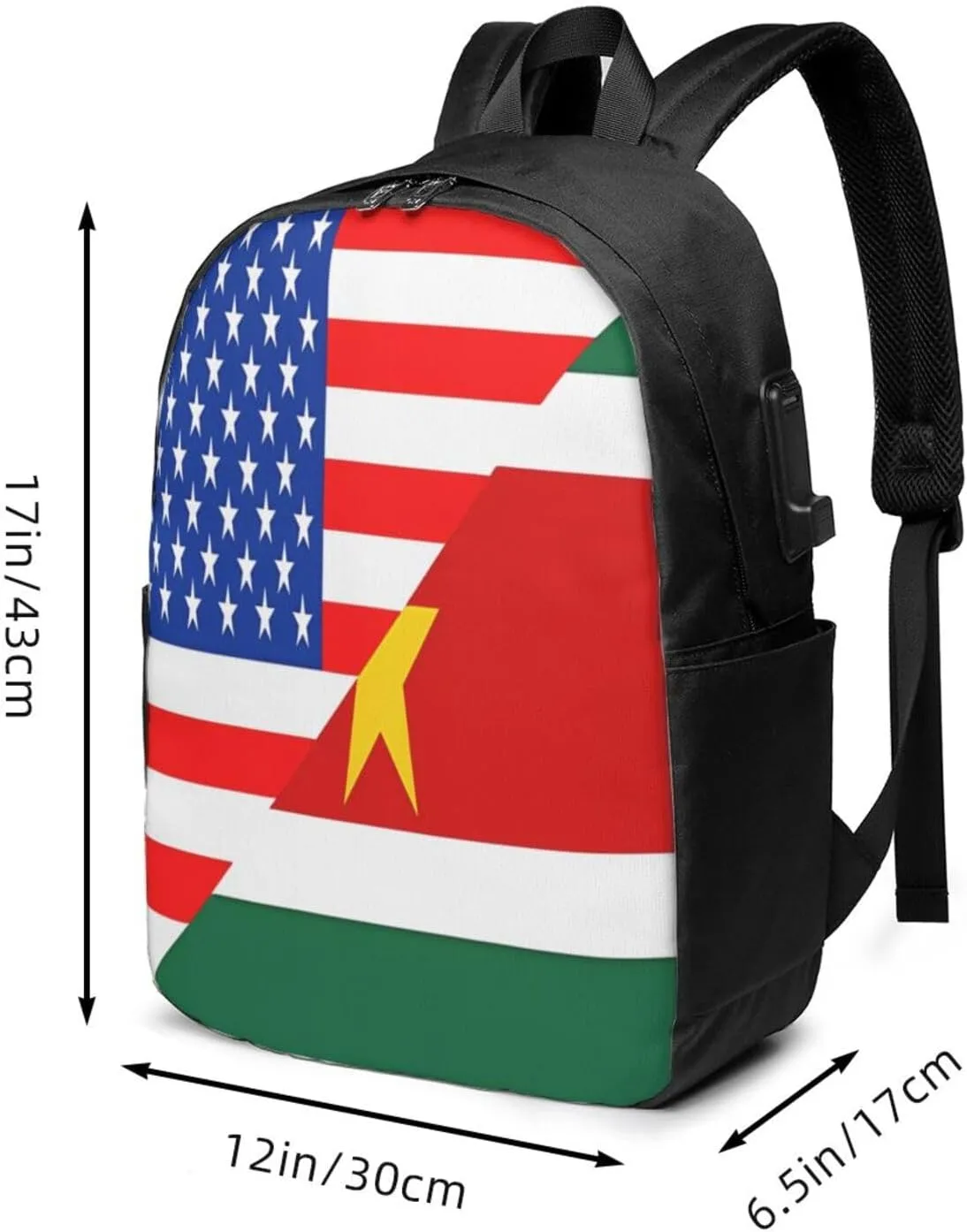 Half American Suriname Surinamese Flag Laptop Backpacks Travel Backpack Casual Business Daypack Sport Rucksack Computer Bag Fits up to 17 Inch Notebook with USB Port