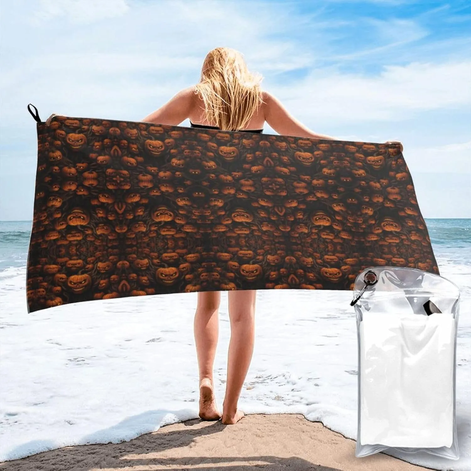 Halloween Pumpkin Premium Compact Microfiber Travel Towel-Featherlight & Quick Dry,Sand-Resistant Beach Towel for Swimming,Camping,Vacation Essentials with Carry Pouch