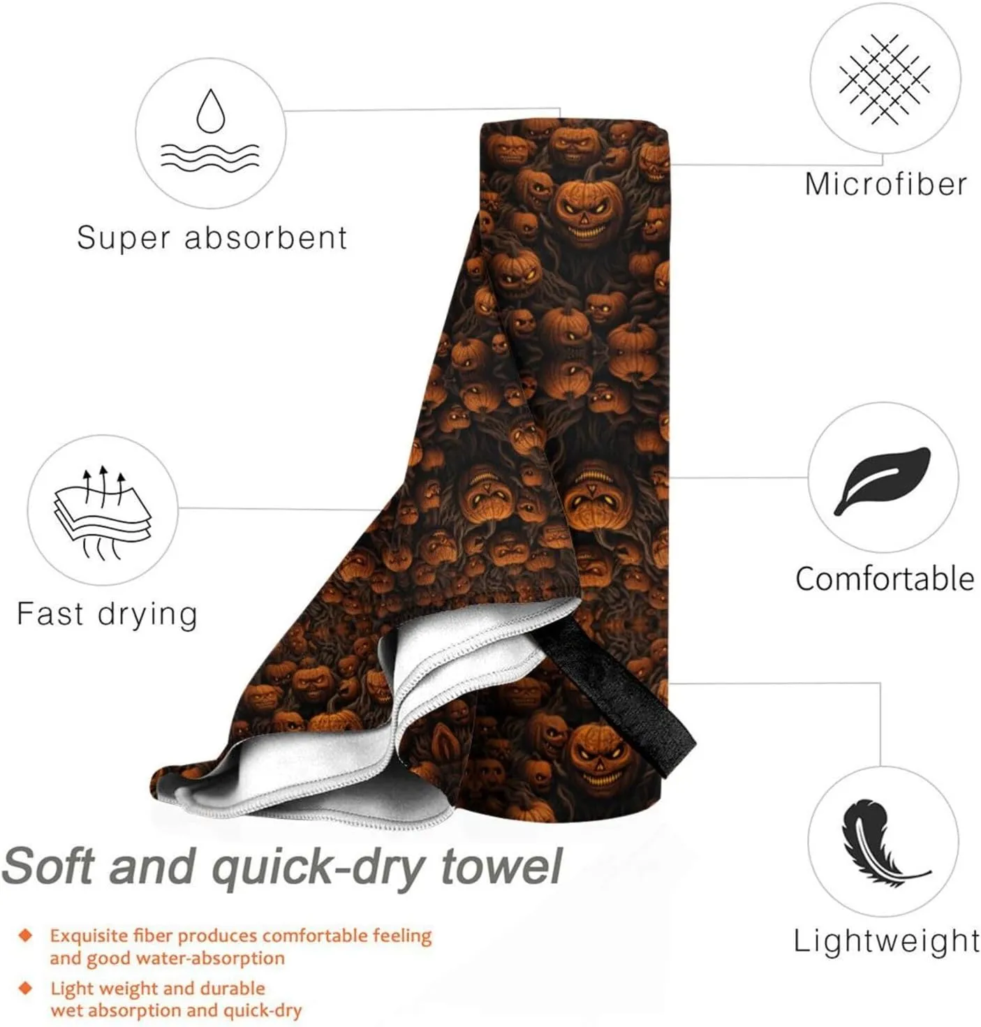 Halloween Pumpkin Premium Compact Microfiber Travel Towel-Featherlight & Quick Dry,Sand-Resistant Beach Towel for Swimming,Camping,Vacation Essentials with Carry Pouch