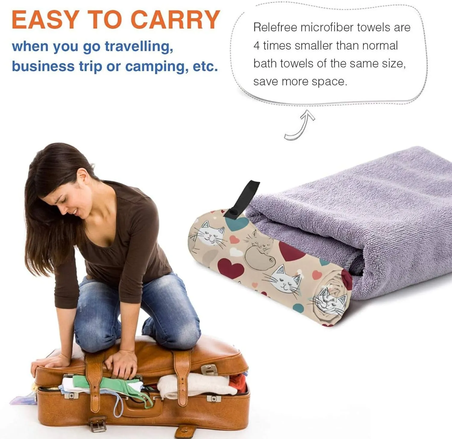 Happy Walking Kitty Premium Compact Microfiber Travel Towel-Featherlight & Quick Dry,Sand-Resistant Beach Towel for Swimming,Camping,Vacation Essentials with Carry Pouch