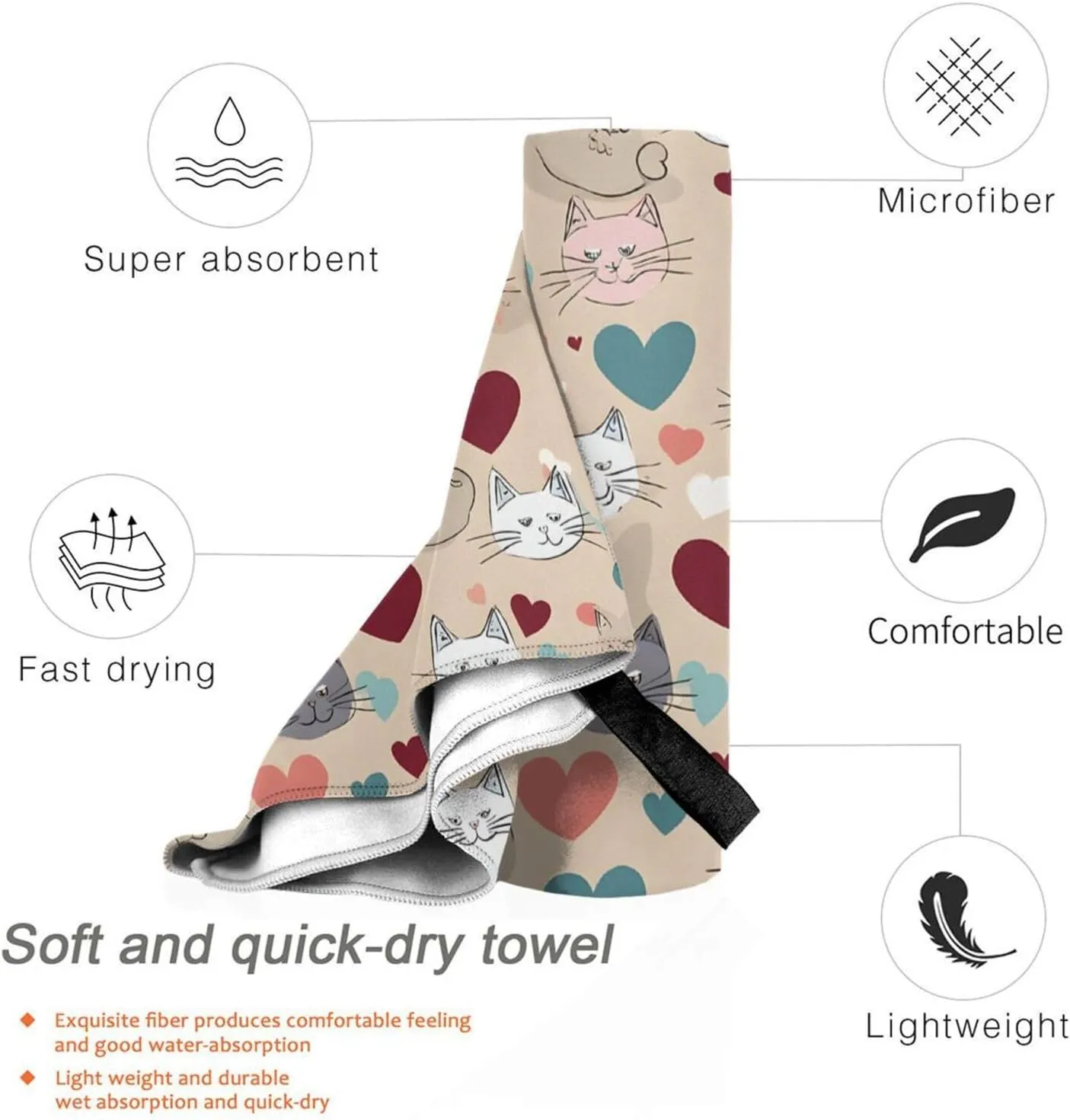 Happy Walking Kitty Premium Compact Microfiber Travel Towel-Featherlight & Quick Dry,Sand-Resistant Beach Towel for Swimming,Camping,Vacation Essentials with Carry Pouch