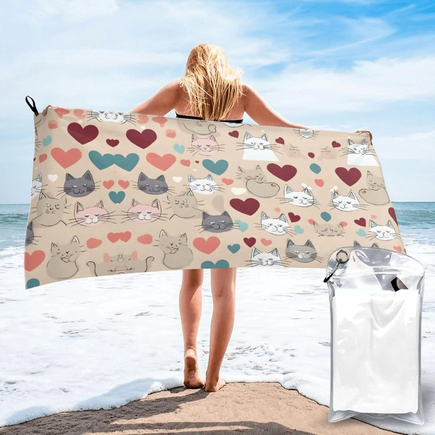Happy Walking Kitty Premium Compact Microfiber Travel Towel-Featherlight & Quick Dry,Sand-Resistant Beach Towel for Swimming,Camping,Vacation Essentials with Carry Pouch