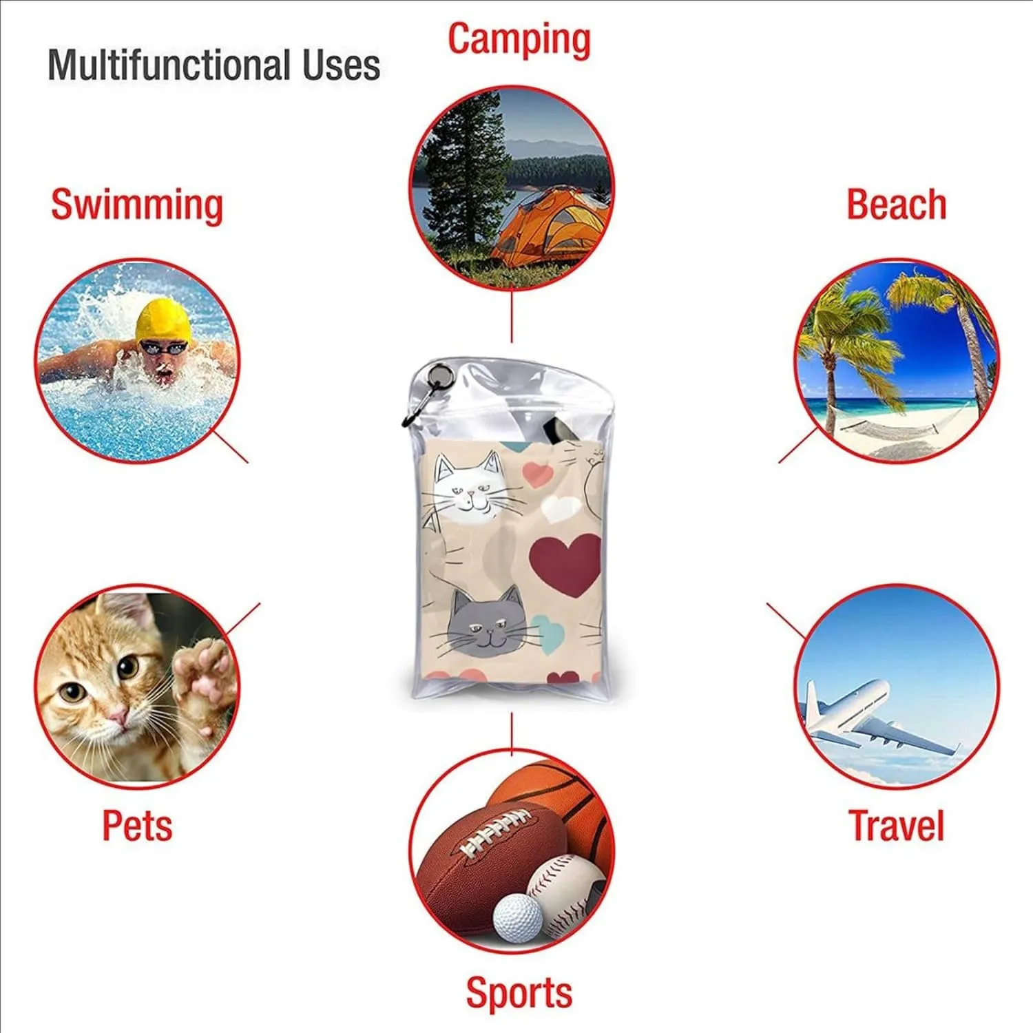 Happy Walking Kitty Premium Compact Microfiber Travel Towel-Featherlight & Quick Dry,Sand-Resistant Beach Towel for Swimming,Camping,Vacation Essentials with Carry Pouch