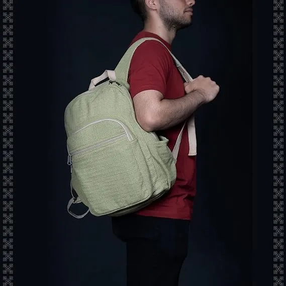 Hemp Backpack Lightweighted 100% Natural Hemp Cotton Fabric Casual Daypack Multipurpose Handmade Bag For Travel, Hiking, Yoga, Picnic(Light Green)