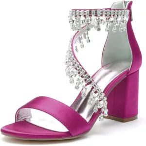 High Block Heel Wedding Shoes Open Toe Women Heeled Sandals Rhinestones Bride Chunky Heels