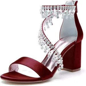 High Block Heel Wedding Shoes Open Toe Women Heeled Sandals Rhinestones Bride Chunky Heels