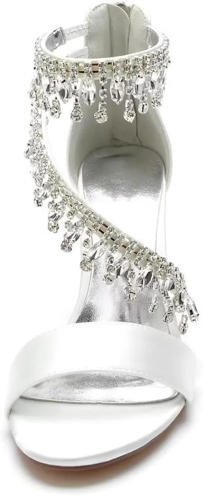 High Block Heel Wedding Shoes Open Toe Women Heeled Sandals Rhinestones Bride Chunky Heels