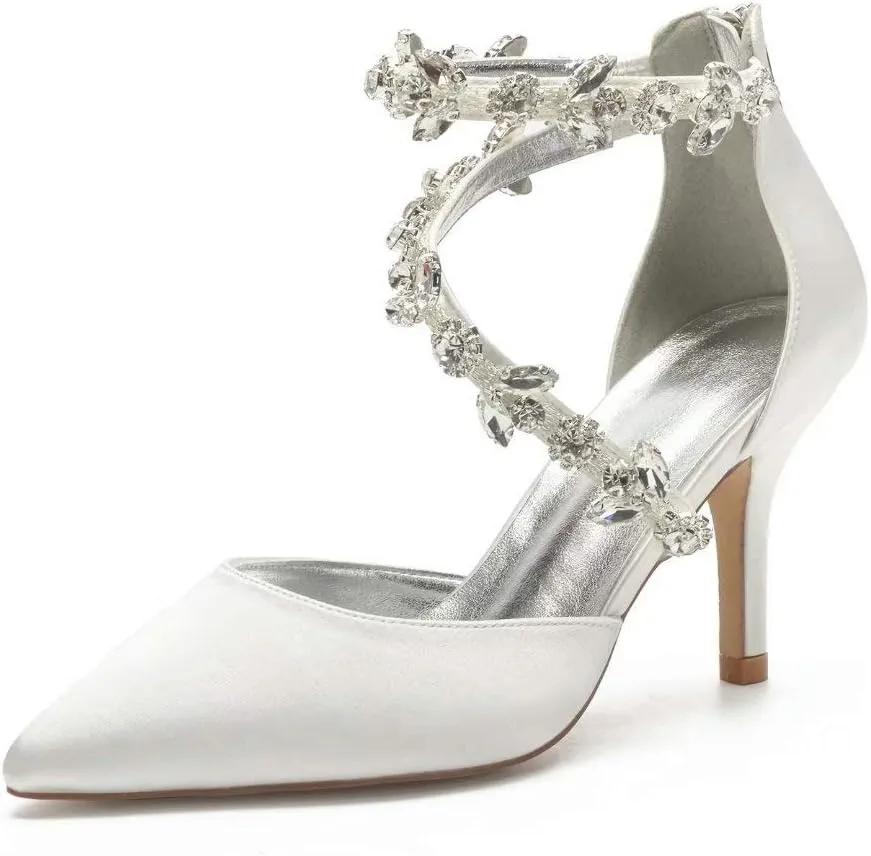 High Heels Wedding Shoes for Bride Pointed Toe Satin Crystals Formal Party Dress Pumps Women 602-7