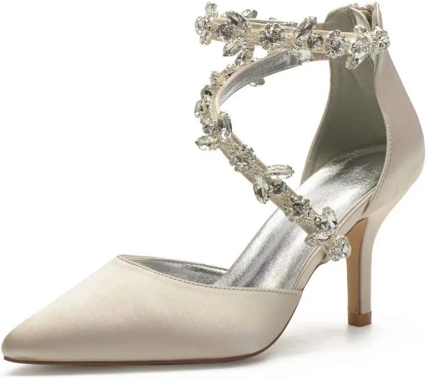 High Heels Wedding Shoes for Bride Pointed Toe Satin Crystals Formal Party Dress Pumps Women 602-7