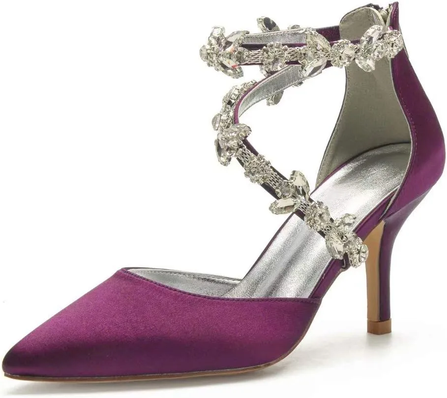 High Heels Wedding Shoes for Bride Pointed Toe Satin Crystals Formal Party Dress Pumps Women 602-7