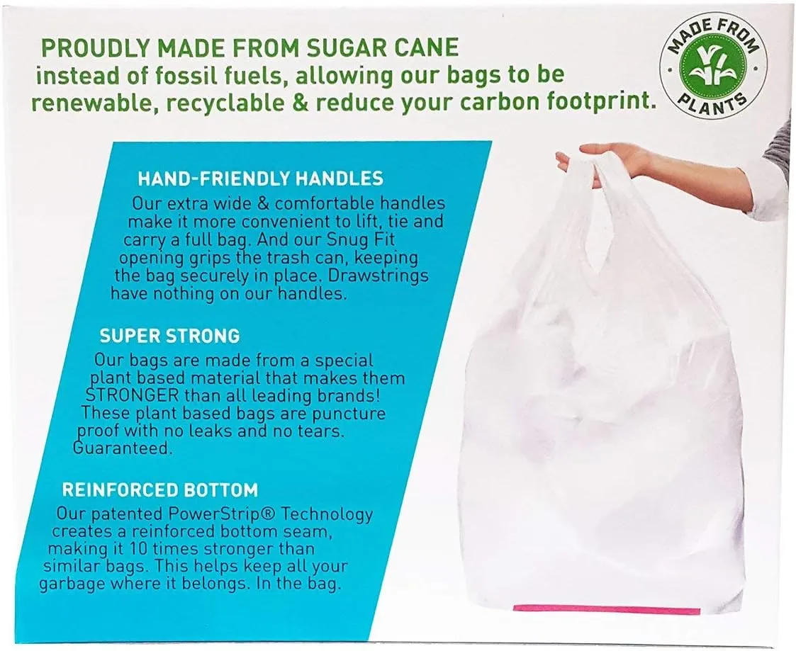 Hippo Sak - Plant Based Tall Kitchen Garbage Bags with Ergonomic Handles - 13 Gallon Trash Bags - Recyclable & Eco Friendly - Super Strong and Leak Proof Tall Kitchen Trash Bags (45 Count)