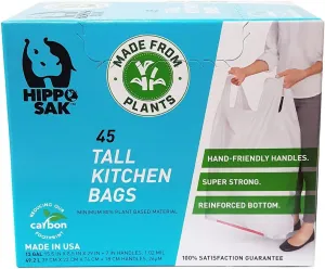 Hippo Sak - Plant Based Tall Kitchen Garbage Bags with Ergonomic Handles - 13 Gallon Trash Bags - Recyclable & Eco Friendly - Super Strong and Leak Proof Tall Kitchen Trash Bags (45 Count)